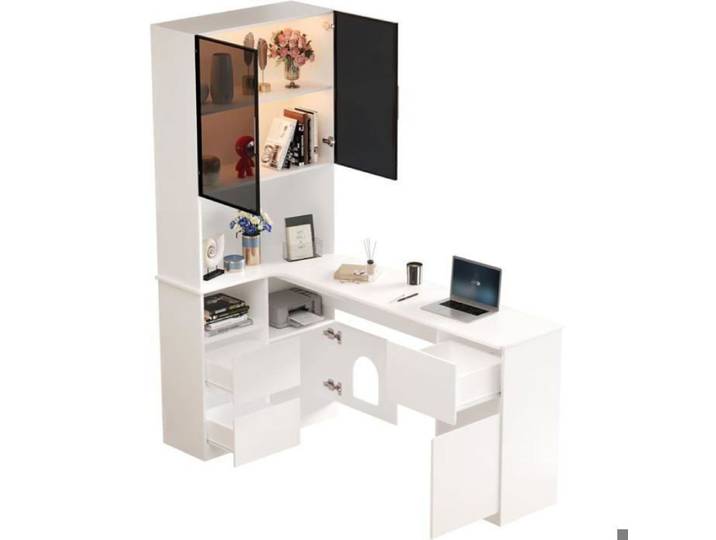 Petit bureau d angle bibliothèque d'angle 120x80x180cm forme L vitrine lumineuse LED 3 tiroirs 2 portes intégrés