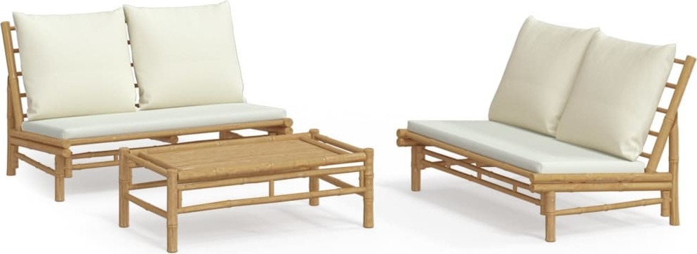 3-tlg. Garten-Lounge-Set mit Kissen Creme Bambus