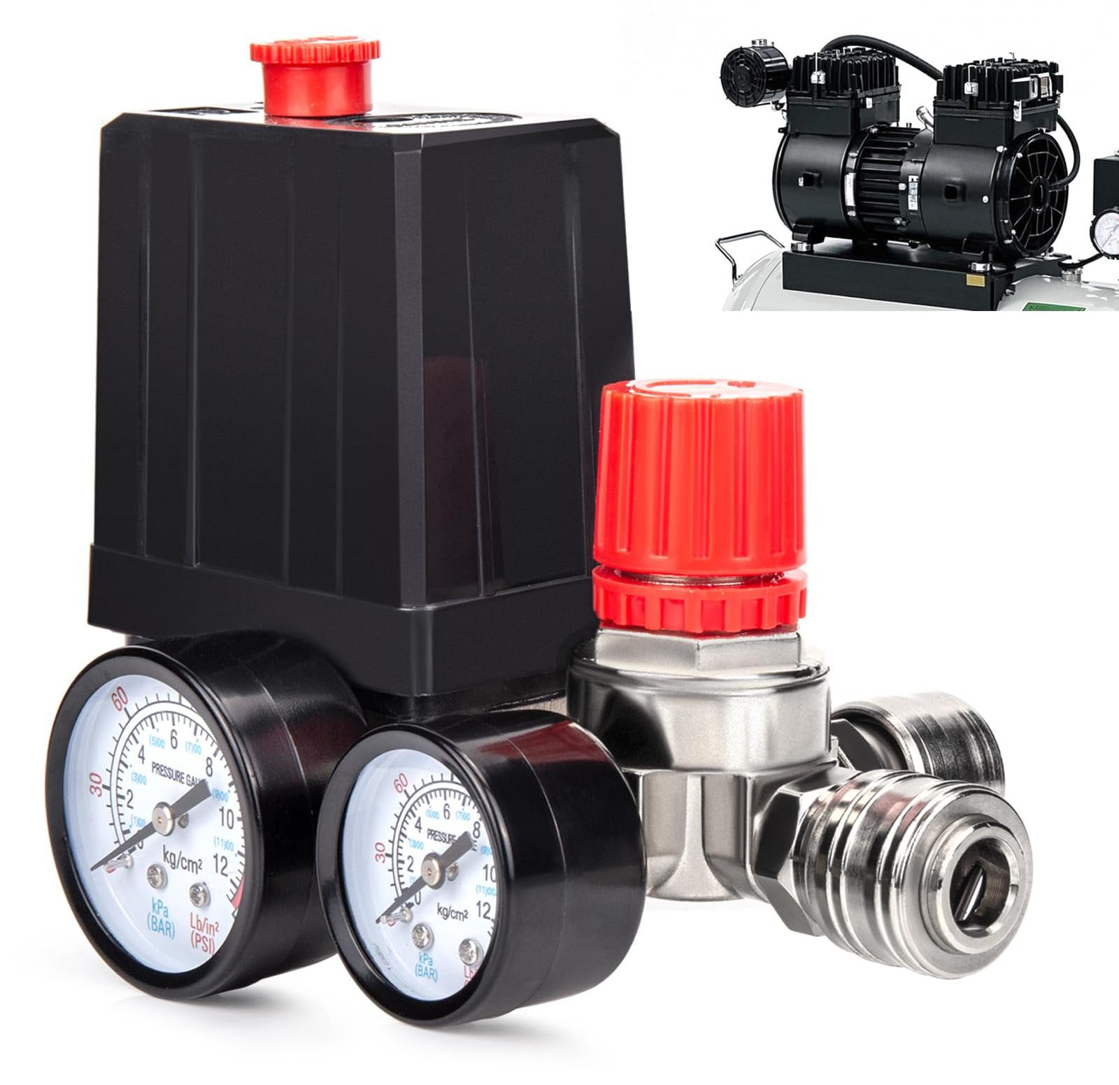 Selius Drukschakelaar compressor 220 V met manometer en drukregelaar, 120 psi