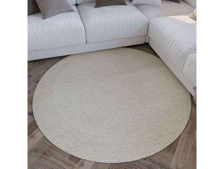 Wollteppich WECON HOME Hamptons TWENTYONE , beige (creme weiß), H:15mm Ø:180cm, Schurwolle, Teppiche, Wollteppich, Schurwolle, Kurzflor, Wohnzimmer, Schlafzimmer, elegant, Bordüre
