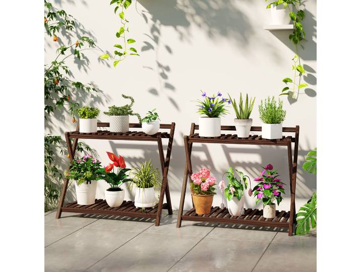 Outsunny Lot de 2 Supports Plantes Intérieur 2 Niveaux Bois Marron