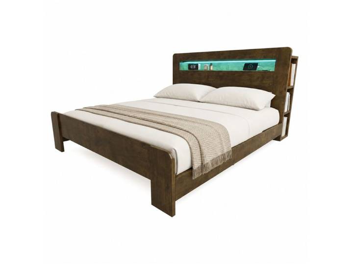 Plateforme lit bois vintage 180x200 cm avec rangement tête LED et prises incluses