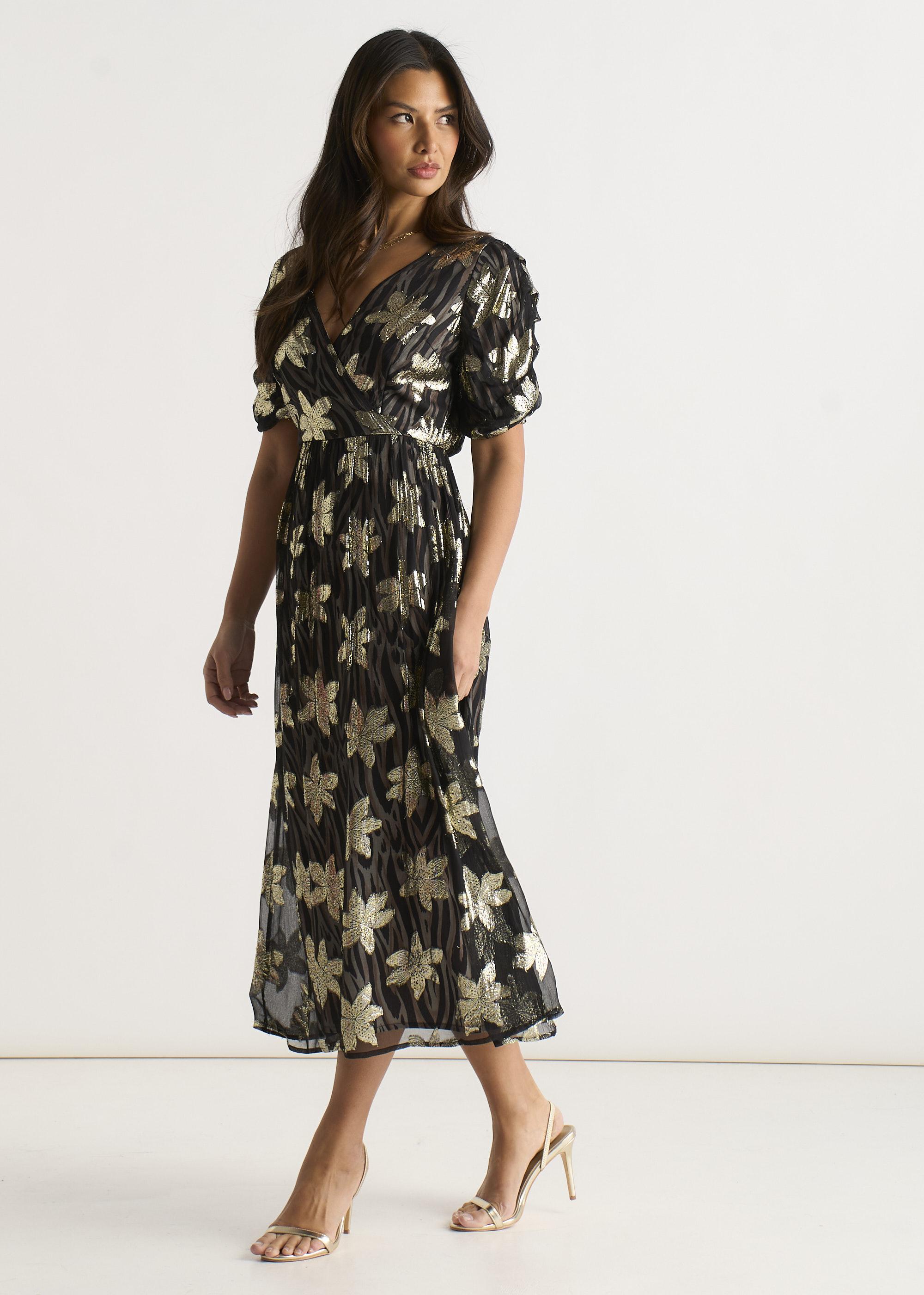 Schwarzes Wickelkleid mit Blumenmuster und Lurex-Akzenten