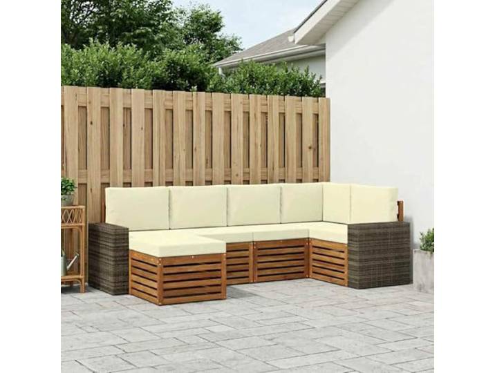 RJPLMFV Ecksofa, Massivholz, Akazie, 6 Kissen, natur, cremefarben Modular, für Terrasse, lackiert, wetterfest, pflegeleicht, komfortabel