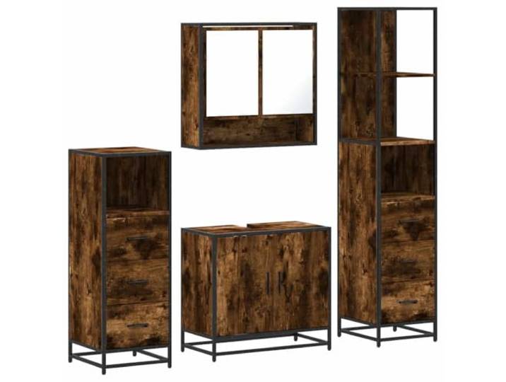 POUFGDR Badezimmermöbel-Set, 4-teilig, Eiche, rauchfarben, Holz Wand-WC-Schrank, Metallrahmen, Oberseite für Spüle, Utensilien, Wandbefestigung im Lieferumfang enthalten