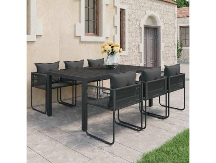 HEFZGDB 7-TLG. Garten-Essgruppe PVC Rattan Schwarz, Outdoor Esstischgruppe mit WPC-Tischplatte und Aluminiumrahmen, langlebige Gartenmöbel für Terrasse und Patio, inklusive
