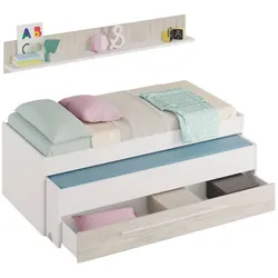 Dmora Einzelbett Sunnyvale, Bettrahmen für Schlafzimmer, Einzelbett mit ausziehbarem Kinderbett und passender Kommode und Regal, 199x96h65 cm, Weiß