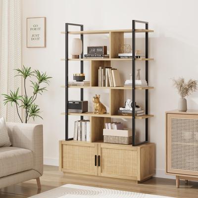 "Garvee 5-Tier Rattan Bookshelf with Storage Cabinet, 71"" Industrial Wood and Metal Bookcase"