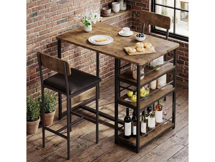 Koioplie Essgruppe 3-teilig für 2 Personen – Bartisch mit 2 gepolsterten Stühlen & 3 Ablagefächern, platzsparendes Küchenmöbel für kleine Räume & Apartments, Vintage Stil – Farbe: Vintage, Variante: