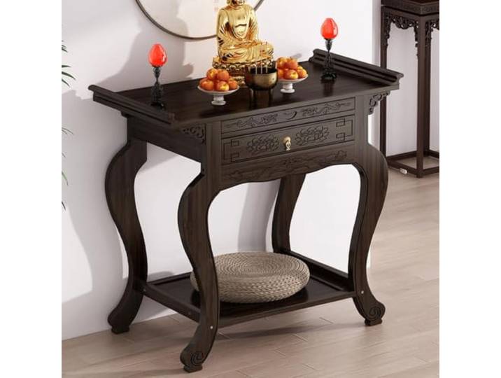 Buddha Altar Tisch mit Aufbewahrung, Holz Hausaltar für Wohnzimmer Buddhistischer Schrank für Religiöse Statuen, Kleiner Flurmöbel mit Schnitzereien