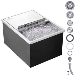 VEVOR 55,23 L Drop-in-Eisbox, 608 x 457 x 333 mm Edelstahl-Eiskühler, Kommerzieller Eisbehälter mit Schiebedeckel, Eingebaute Eisspeichertruhe, Abflussrohr & Ablassstopfen im Lieferumfang Enthalten