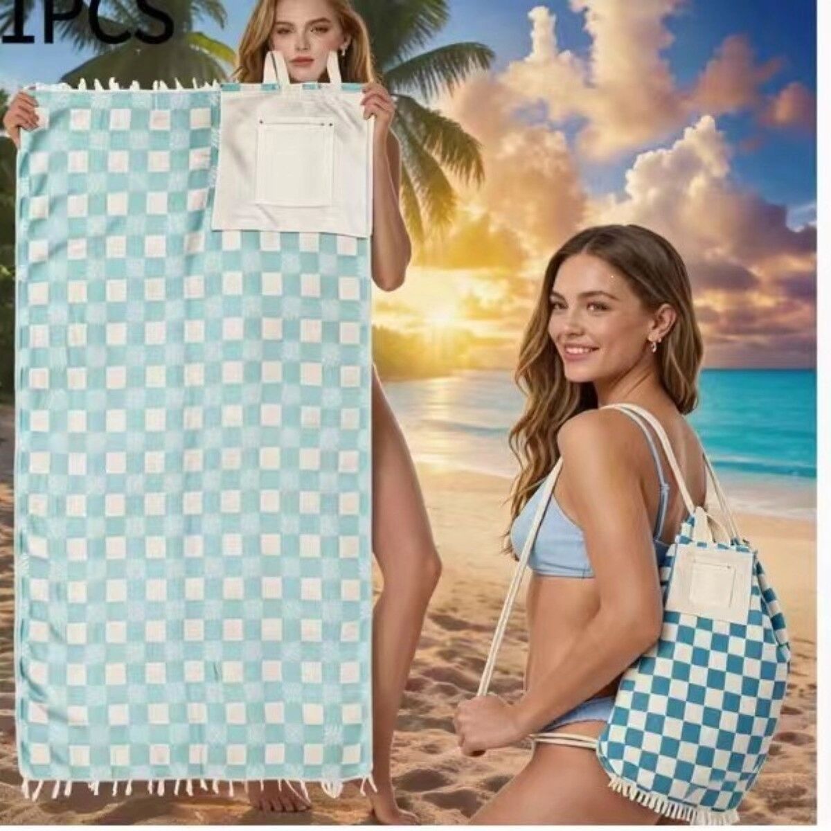 INF Seashells konvertierbare 2-in-1 Strandtuch-Tasche – kreatives Design, leichtes Stoffmaterial, 92cm x 155cm Blau