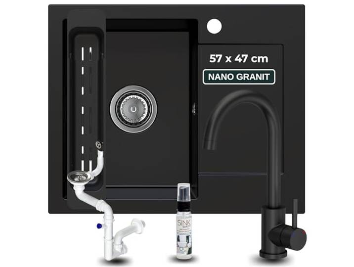 SINK QUALITY Granitspüle schwarz mit Armatur 58x47 - Spülbecken mit Siphon und Imprägniermittel - Küchenspüle schwarz mit Abtropffläche für 50er Unterschrank