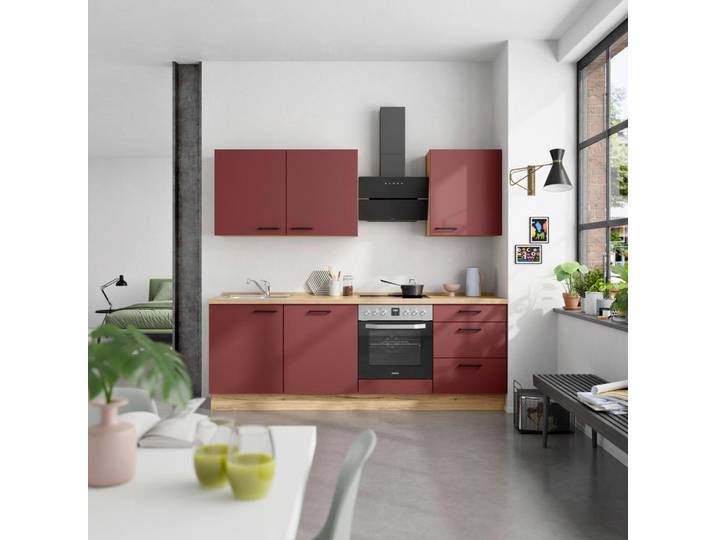 Küchenleerblock, Rot & Eiche, 240 cm, Metall, Soft-Close & Vormontiert, Modern, Nobilia