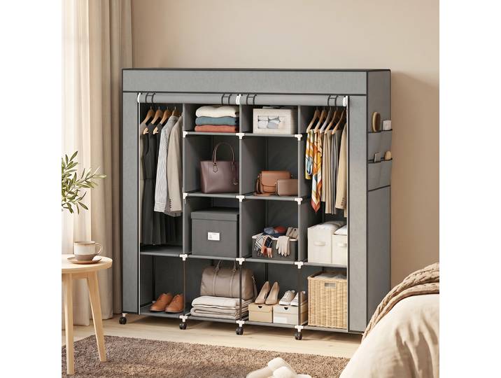 HOMCOM Armoire Tissu Gris 2 Tringles 10 Compartiments Portes