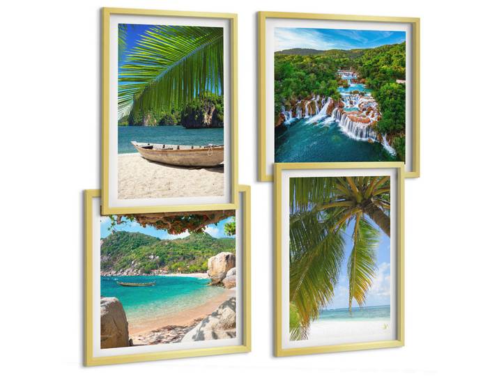 Tulup Bilder SET 4er Set - 50x50 cm & 40x60 cm Goldrahmen - Strand, Boot, Wasserfälle, Palmen, Goldfarben, Kunststoff, Rechteckig, 50x50 cm, gerahmt, Bilder & Rahmen, Bilder