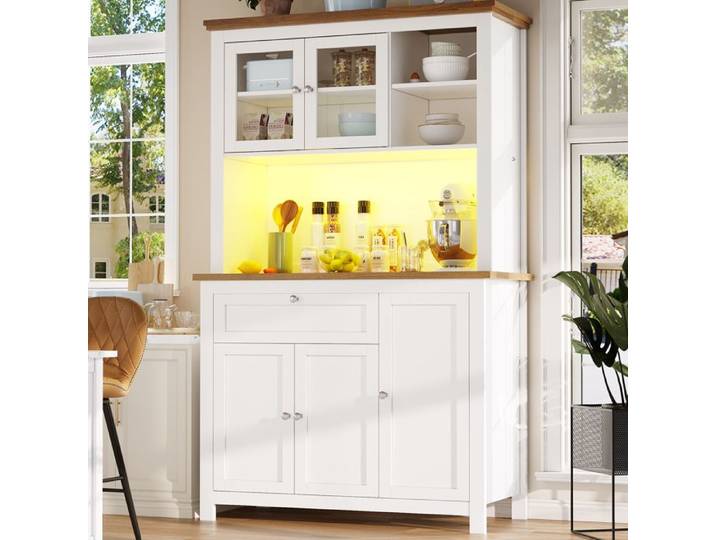 Vitrine buffet cuisine avec éclairage LED - 104x40x180 cm - Blanc - Éclairage LED intégré - Étagères réglables