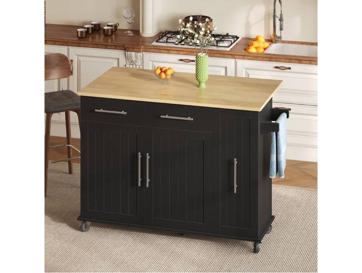 Ilot De Cuisine Noir Naturel Desserte Mobile FloraGrace Pour Cuisine Abattant Rabattable 120x65x90cm