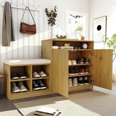 GREATPLANINC Shoe Cabinet with Bench, Doors & Adjustable Shelves, Entryway Bench with Open Shoe Racks, Storage Console Table with Hooks