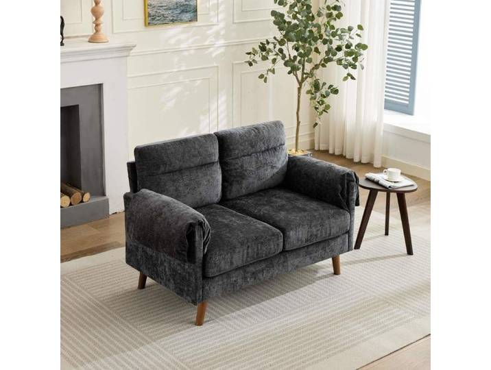 Canapé 2 places en chenille Petit Canapé Scandinave 124x70x85cm Pied en bois Noir