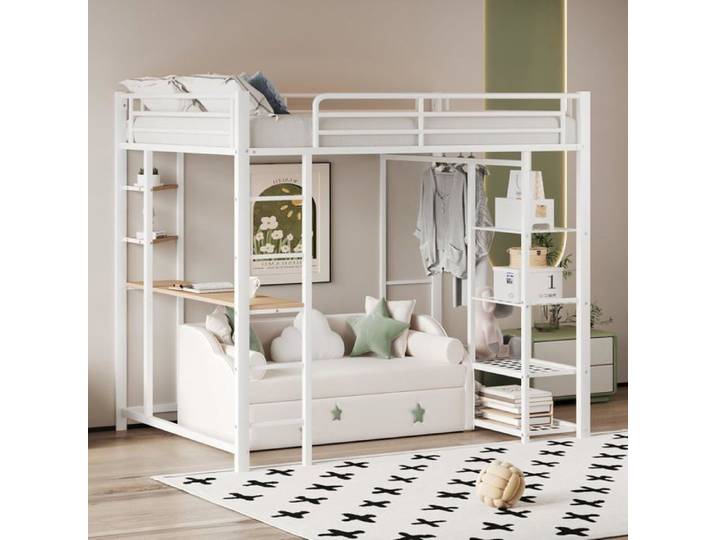 Lit Mezzanine 90x200cm Avec Bureau Escalier Porte-vêtements et Étagère de Rangement Pour Enfant Adolescent - Blanc