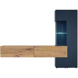WOHNWAND Zinneiche, blau 210 cm, Schrankwand inklusive Beleuchtung