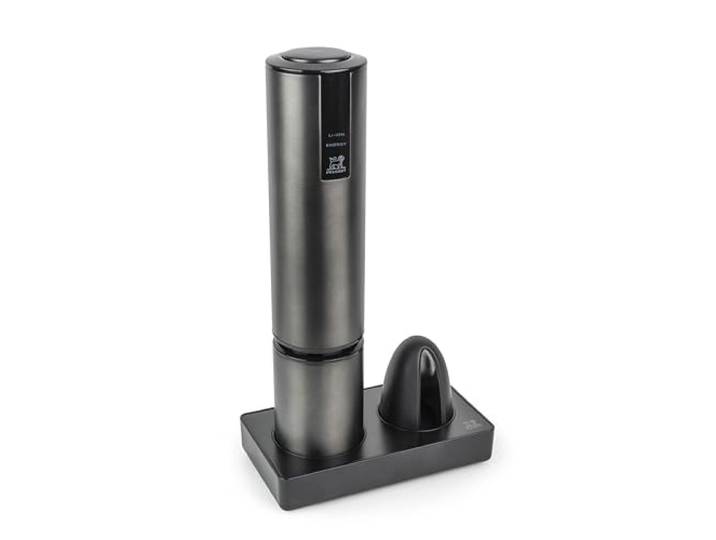 PEUGEOT - Elis Touch - Wiederaufladbarer elektrischer Korkenzieher aus Edelstahl und ABS + Ladeständer + Folienschneider - Lithium-Ionen-Akku - Lange Lebensdauer - Farbe Carbon