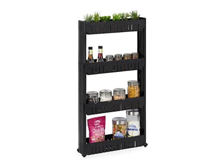 Relaxdays Étagère de Cuisine à roulettes\, 4 Niveaux\, Rangement étroit\, HLP 101x12\,5x54 cm\, Plastique\, Noir