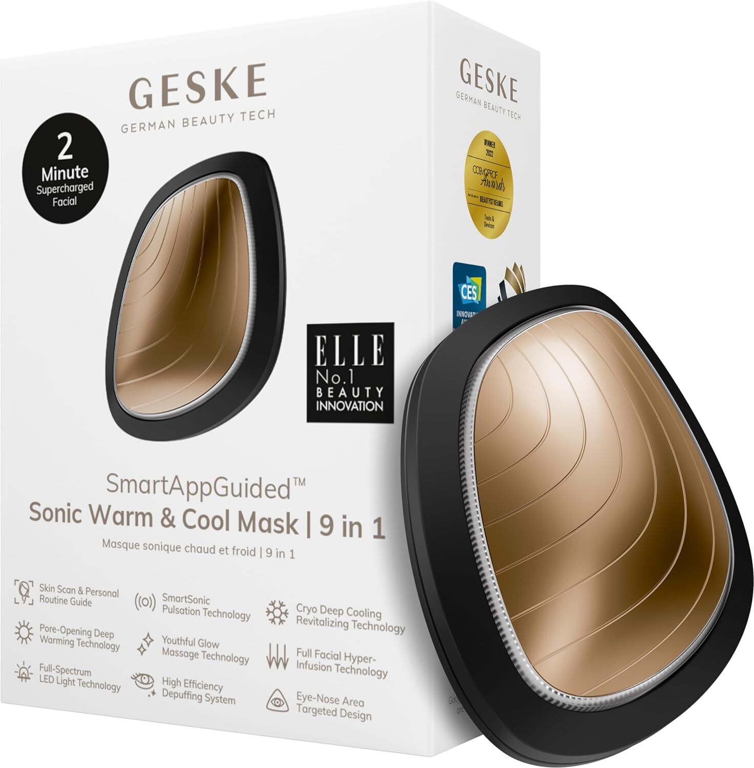 Geske Smart App Guided Warm and Cool Sonic Mask 9 in 1 Golden