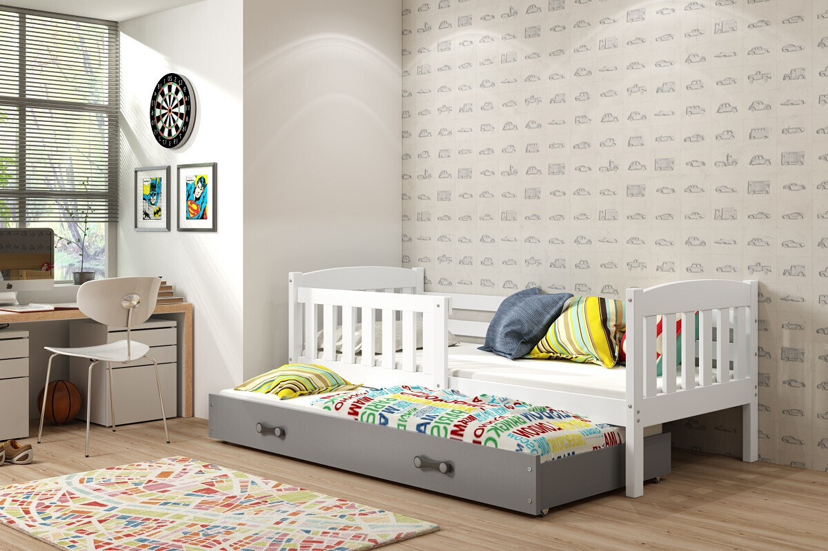 Kinderbett mit Zustellbett und Matratzen 80x190 BRIGID - Weiß / Graphit
