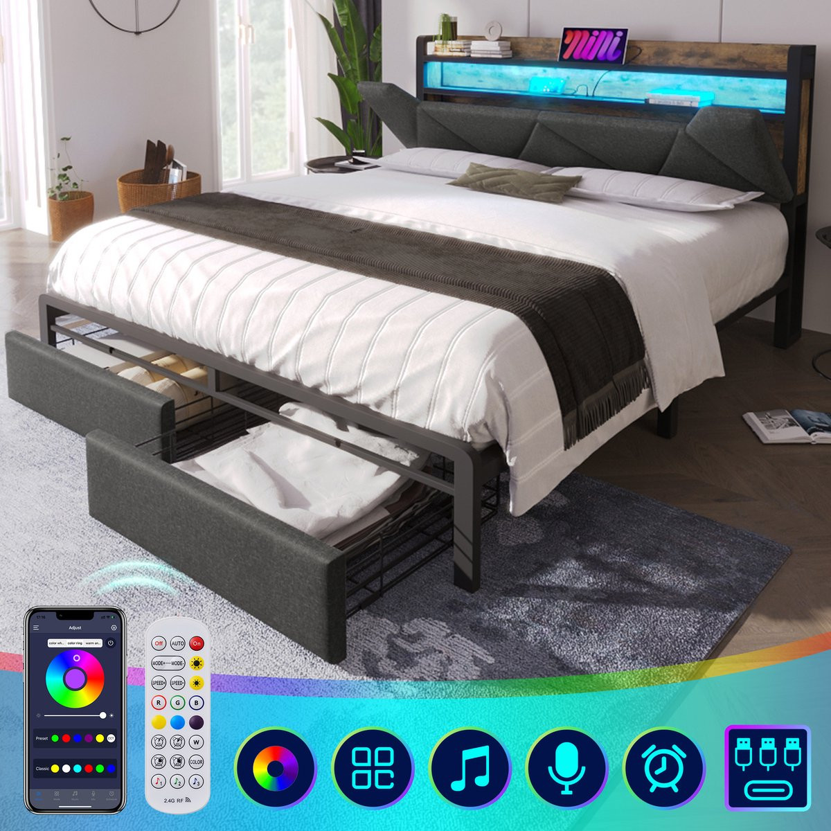 Grijs Opbergbed met USB-C, LED-verlichting, Opberg-hoofdbord en Lades, B/D: 140 x 200 cm
