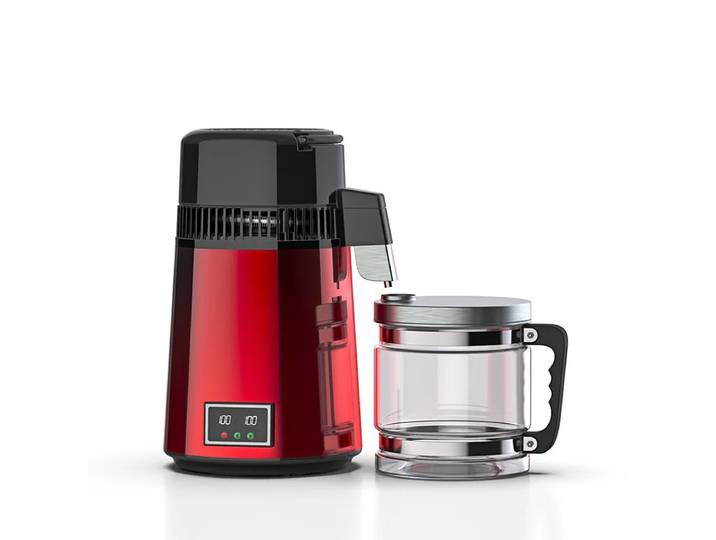 Distillateur d'eau avec récipient en verre ; 750 W, capacité de 1,1 gallon/4 L ; Distille jusqu'à 0,26 gallon/1 L d'eau par heure et environ 6 gallons/23 L par jour (Du