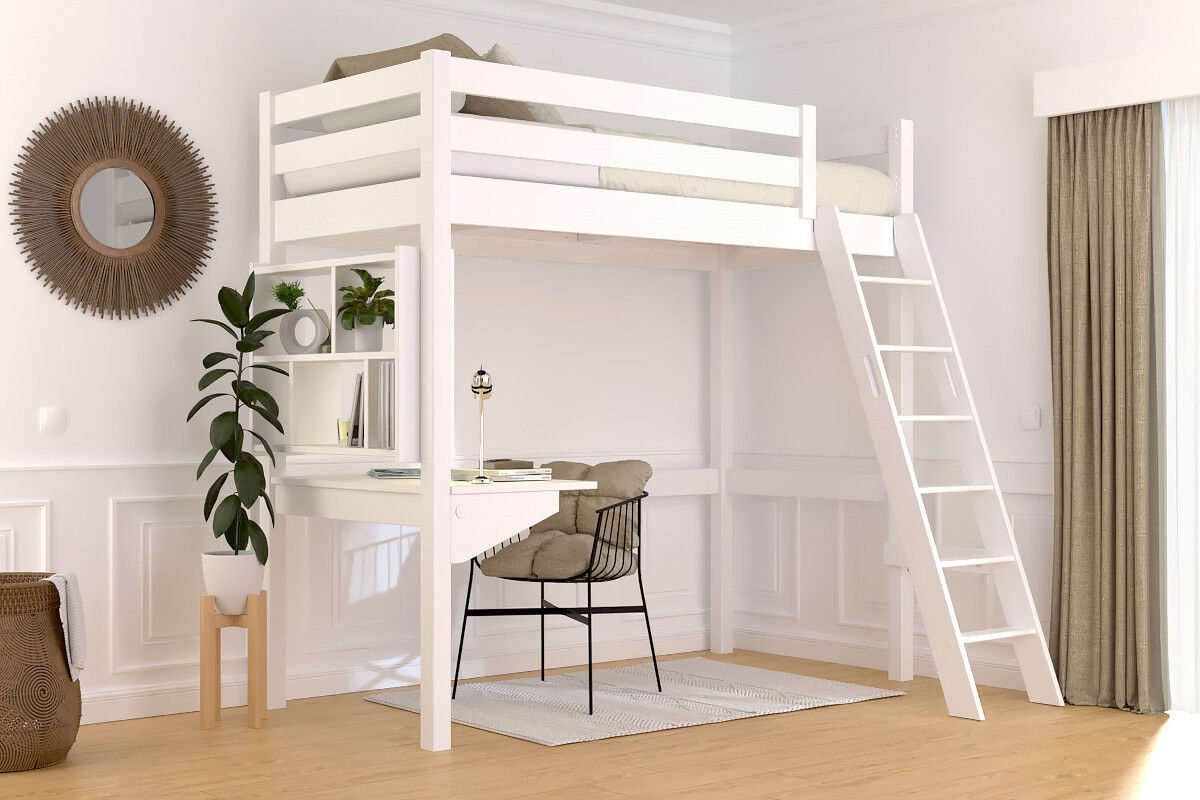 ABC MEUBLES Hochbett holz 90x200 mit Leiter Sylvia schräge Leiter - Weiß