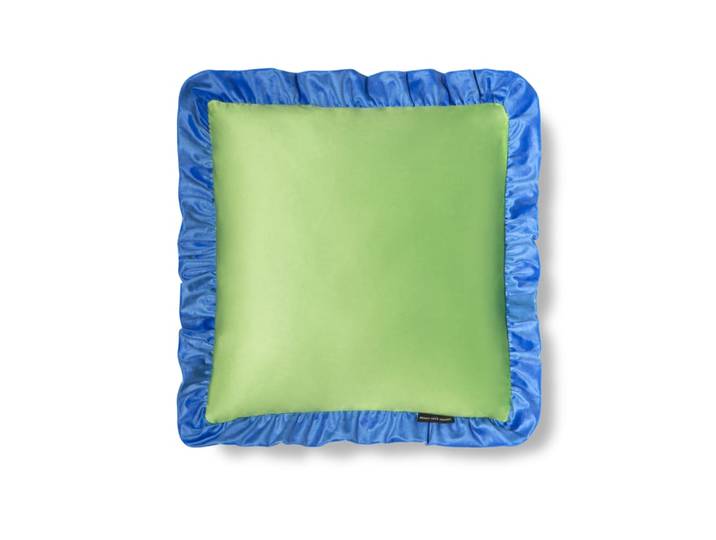 Coussin en velours avec volant plissé, bleu et vert pomme