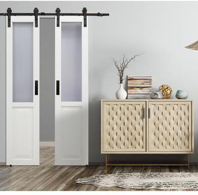 Pinecroft Millbrooke White Center Opening PVC Barn Door Sliding Door Kit with Frosted Panels 36 x 84 Assembly Required