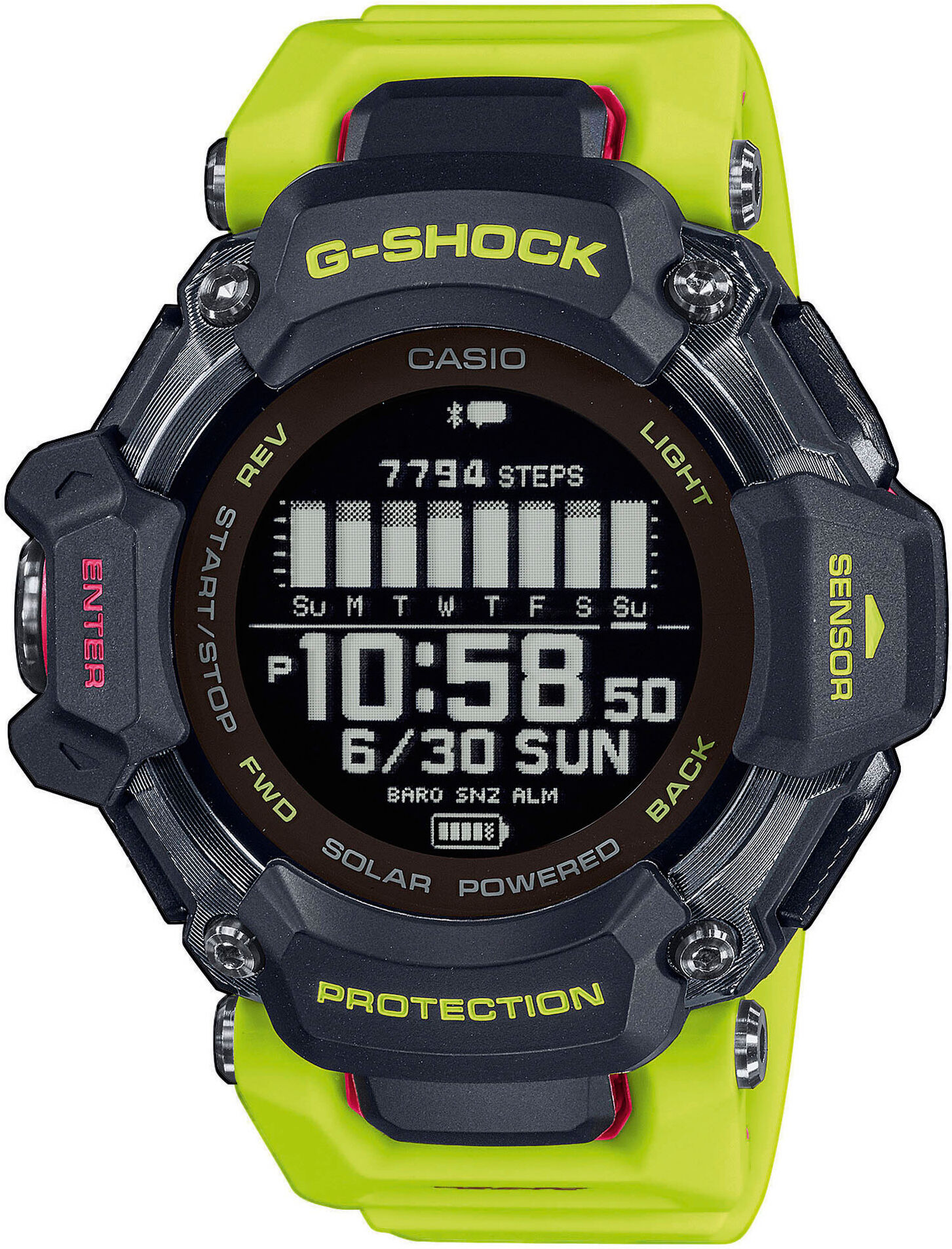 Smartwatch CASIO G-SHOCK "GBD-H2000", bunt (gelb, schwarz, gelb, pink), Smartwatches, Herren, Smartwatch, Solaruhr, Armbanduhr, Herrenuhr, Digitaluhr,Stoppfunktion, Weltzeit