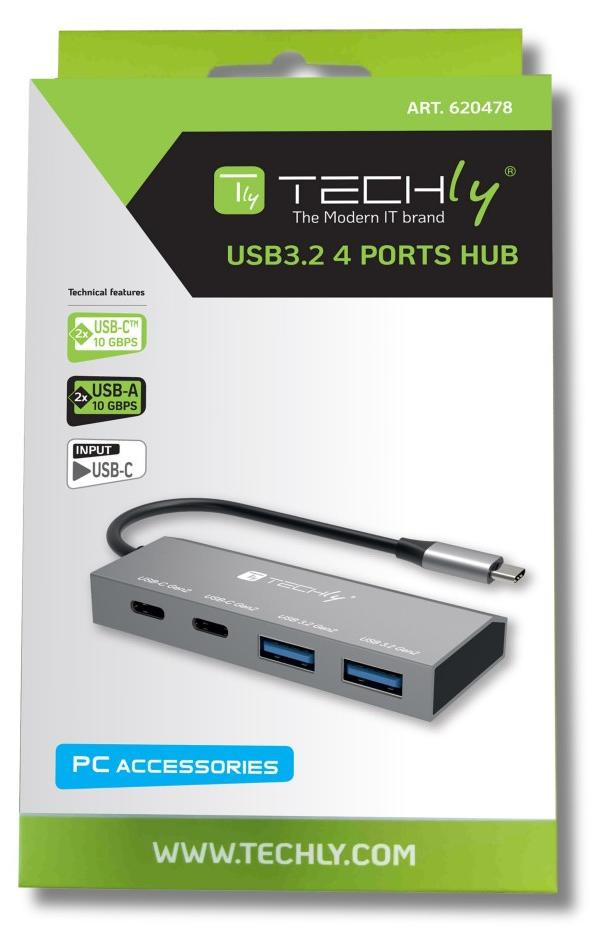 Techly IUSB32C-HUB4AC2 USB 3.2 Hub met 2x USB-A en 2x USB-C