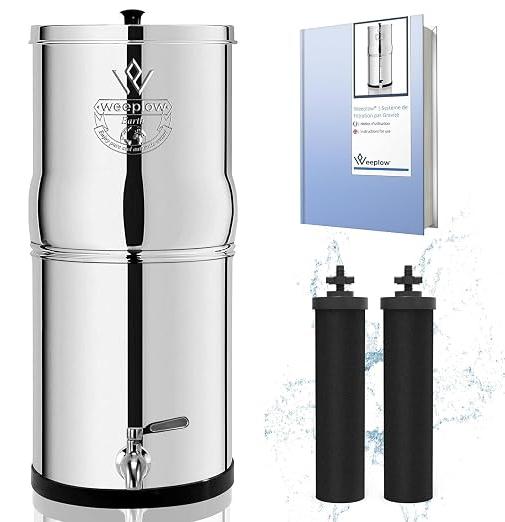 Earth ECO Schwerkraft Wasserfiltersystem 8,5 L Edelstahl AISI 304 | AISI 304 Edelstahl, Wasserhahn 100% Edelstahl, 2 Reinigungselemente O'Pure 2 inklusive. Filtert ohne Strom und Anschluss.