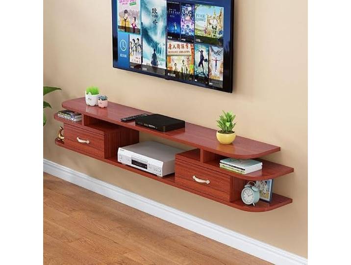 Schwimmender TV-Ständer, wandmontiertes Entertainment-Center, groß Stauraum mit verschiebbaren offenen Regalen auf der Tischplatte hängend