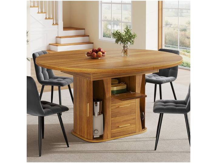 MEUBLIV Table à manger extensible ronde 118-158 cm rangement intégré MDF couleur noyer
