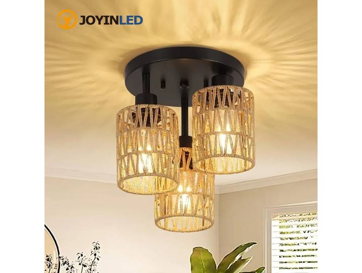 Lampe de plafond vintage JOYINLED, luminaire suspendu en rotin, lampe de plafond bohème à 3 flammes, abat-jour en rotin, lampe suspendue rustique pour chambre à coucher