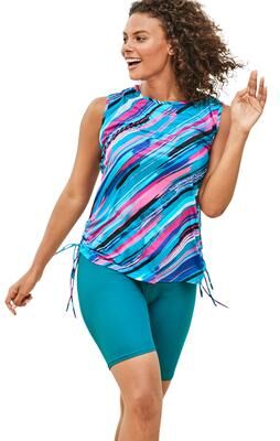 Plus Size Women's Chlorine Resistant Swim Tank Coverup with Side Ties by Swim 365 in Teal Painterly Stripes (Size 42/44) Swimsuit Cover Up