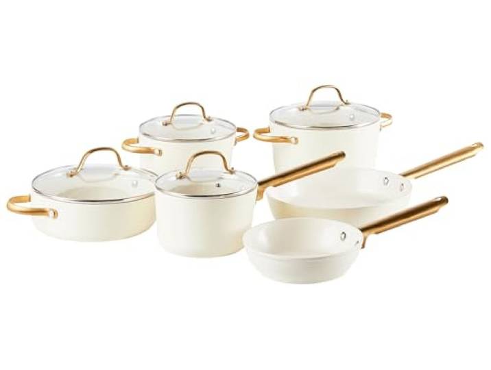 10-teiliges Pfannenset 3 Stieltöpfe 2 Bratpfannen Keramikbeschichtung Aluminium Cremeweiß Elite Pro