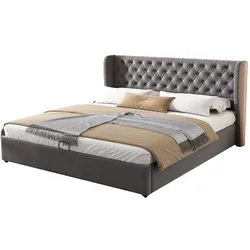 OKWISH Chesterfield-Style Samt Polsterbett 180x200 mit Hydraulik-Bettkasten, hohem Kopfteil, Veloursstoff - Beige- inkl, Lattenrost