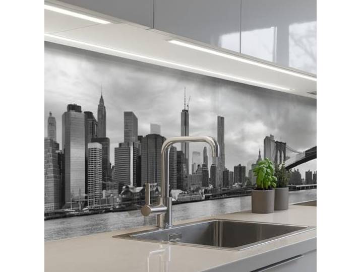 KitchenYeah© Küchenrückwand Selbstklebend Küchenspritzschutz Rückwand 60x300 cm - Wandschutz Ohne Bohren Spritzschutz Wand Wandverkleidung Skyline - Brücke - Gebäude - Farblos