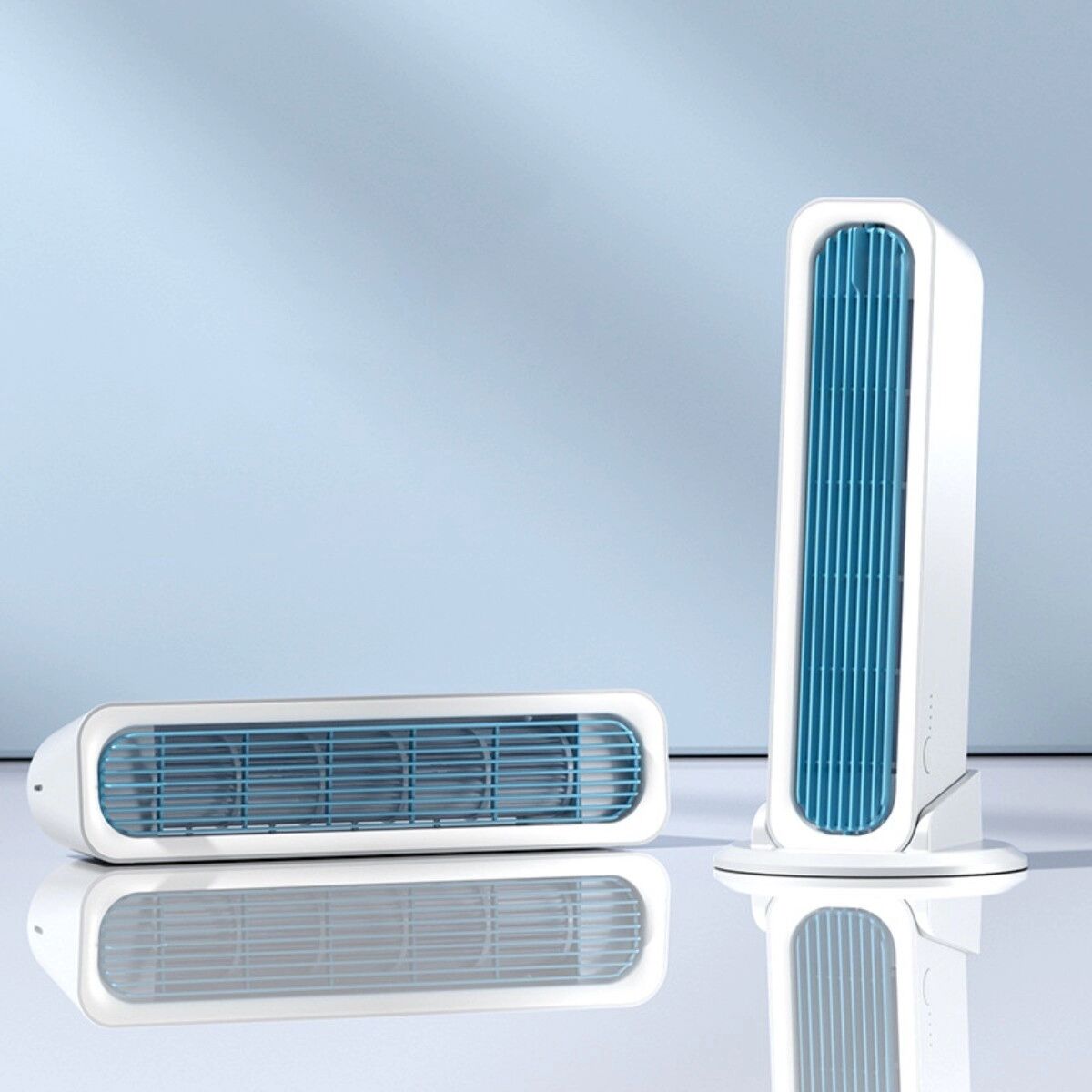 INF Blattloser Turmventilator Flagship Wiederaufladbares Modell mit Fernbedienung — Turbo-Boost, USB-Aufladung, Weiß + Blau