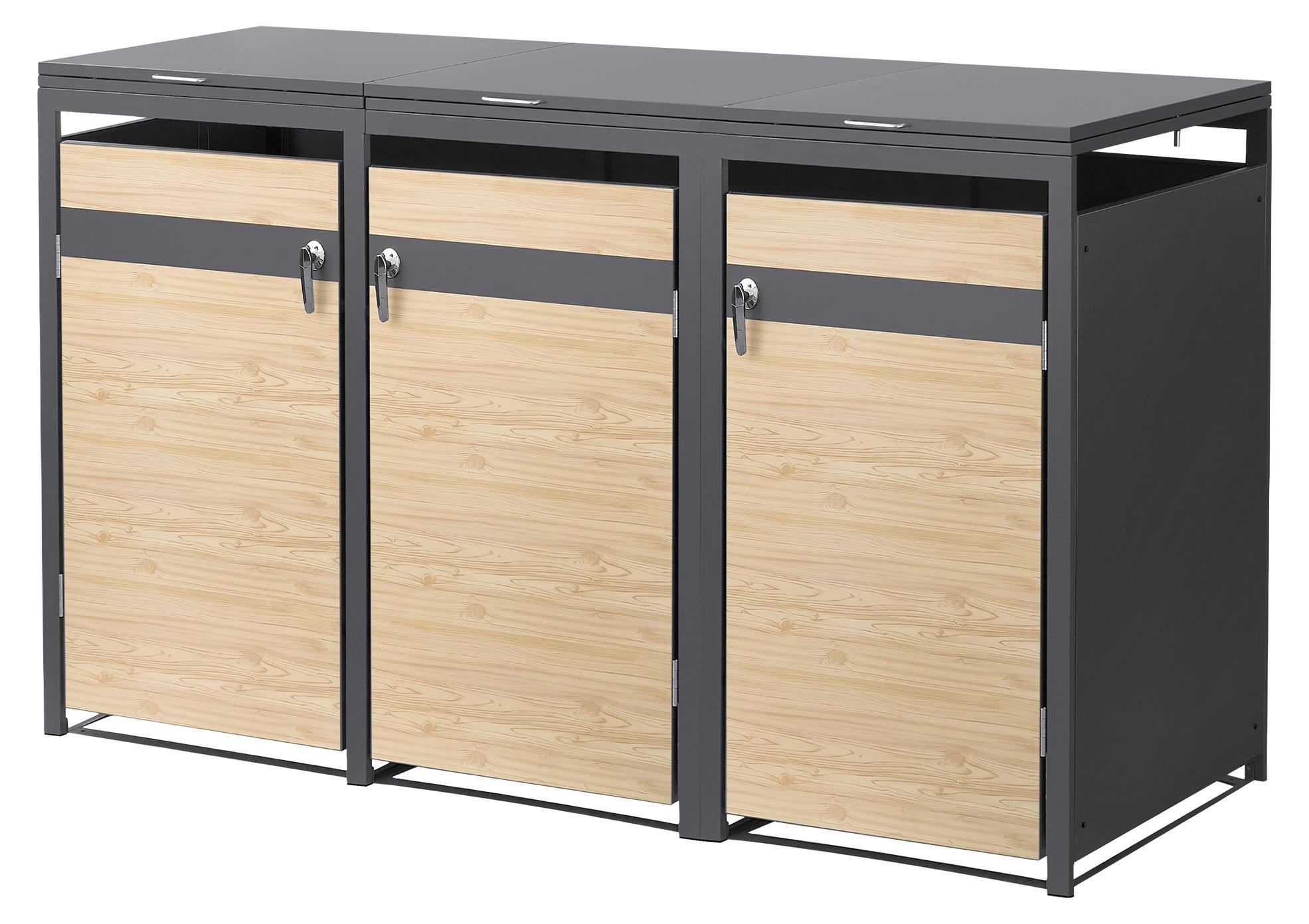 ML-Design Mülltonnenbox 3er für 3 Tonnen 240L 200x80x120 cm Anthrazit-Lärchenoptik, Stahl, wetterfest/abschließbar