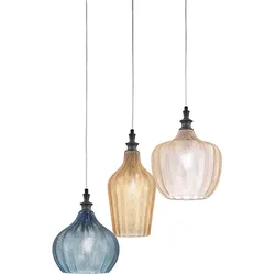 Gea Luce Cleofe S/3 Mehrfarbige Dreifach-Pendelleuchte – Mattschwarzes Metall, gemischtes bernsteinfarbenes Ocker-Kobaltglas, 3x E27 – Gealuce