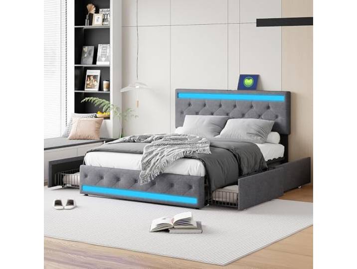 Bellemave Polsterbett,Doppelbett 160x200,LED,USB,4 Schubladen,Leinen,Grau Speicherbett,Modernes,Fernbedienung,Musikmodus,rutschfeste Schnalle,abriebfest,pillenfest,mit Lattenrost,ohne Matratze