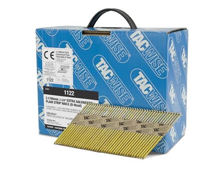 TACWISE 1122 Clous de Charpente Extra Galvanisés 3\,1/90 mm\, Lot de 2200 Tête en 'D'\, Tige Lisse\, Inclinés à 34°\, Assemblés en Papier